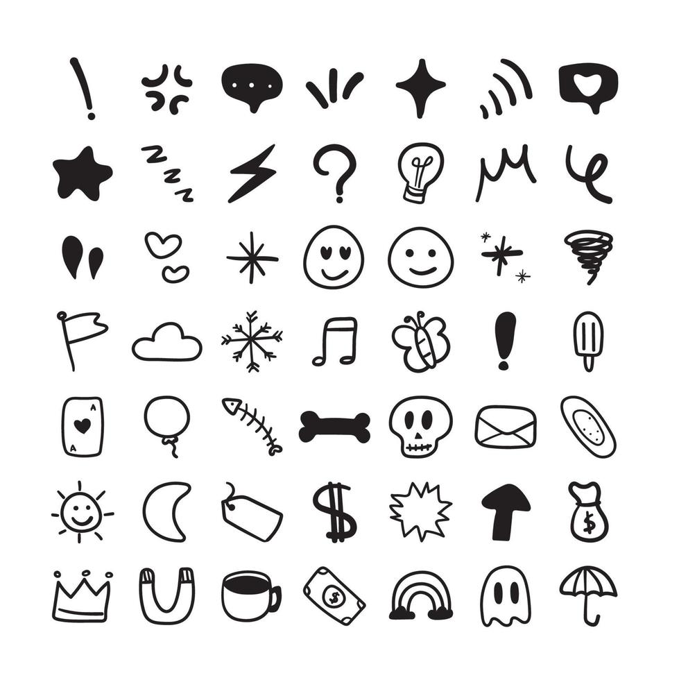 Hand drawn emoji symbol icon. Black. Such as stars, hearts, silver, crown, sun. Separate background colors. illustration, vector