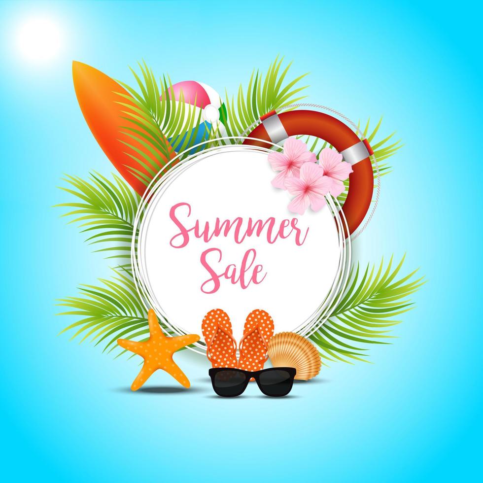 Summer sale banner design with colorful beach elements vector