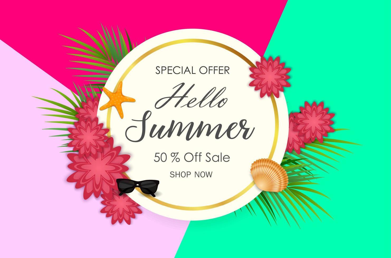 Summer sale background with palm leaves and flowers vector