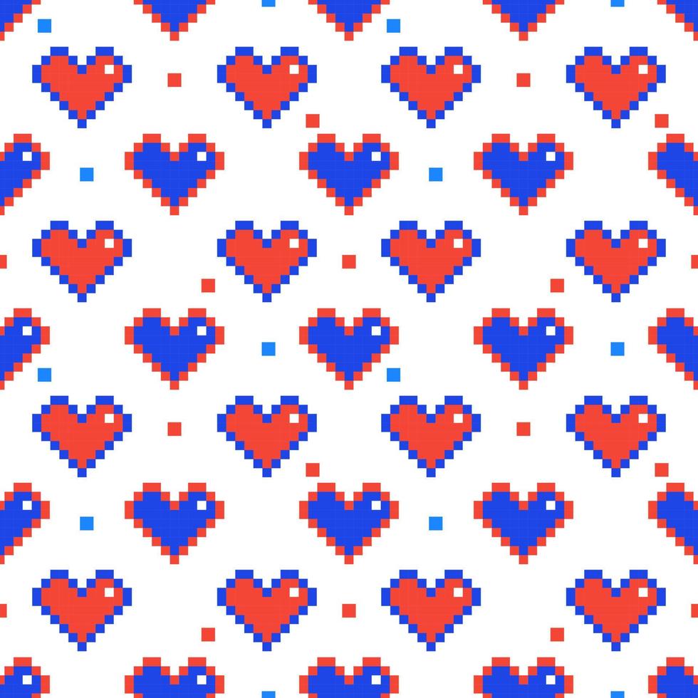 Vector - Many hearts on white background. Pixel image. Blue, red, white color. Can be use for print, paper, wallpaper, wrapping, fashion, fabric, card.