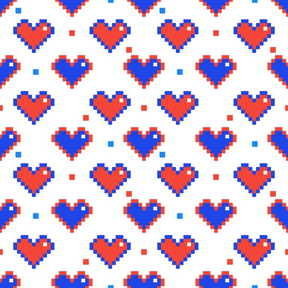 vector - muchos corazones sobre fondo blanco. imagen de píxeles color azul, rojo, blanco. se puede utilizar para impresión, papel, papel tapiz, envoltura, moda, tela, tarjeta.