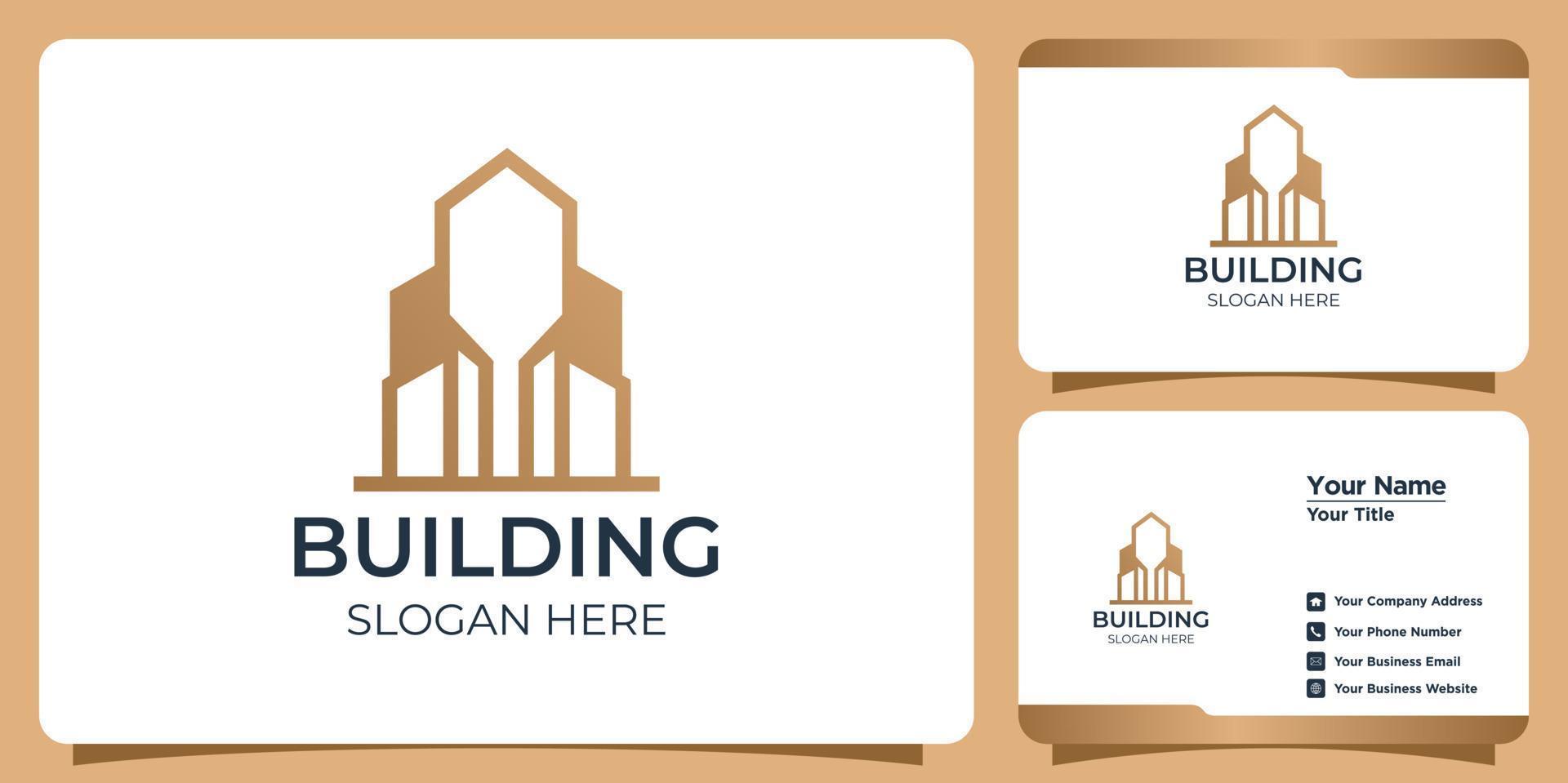 Minimalist building Logo set with line art style logo design and business card template vector