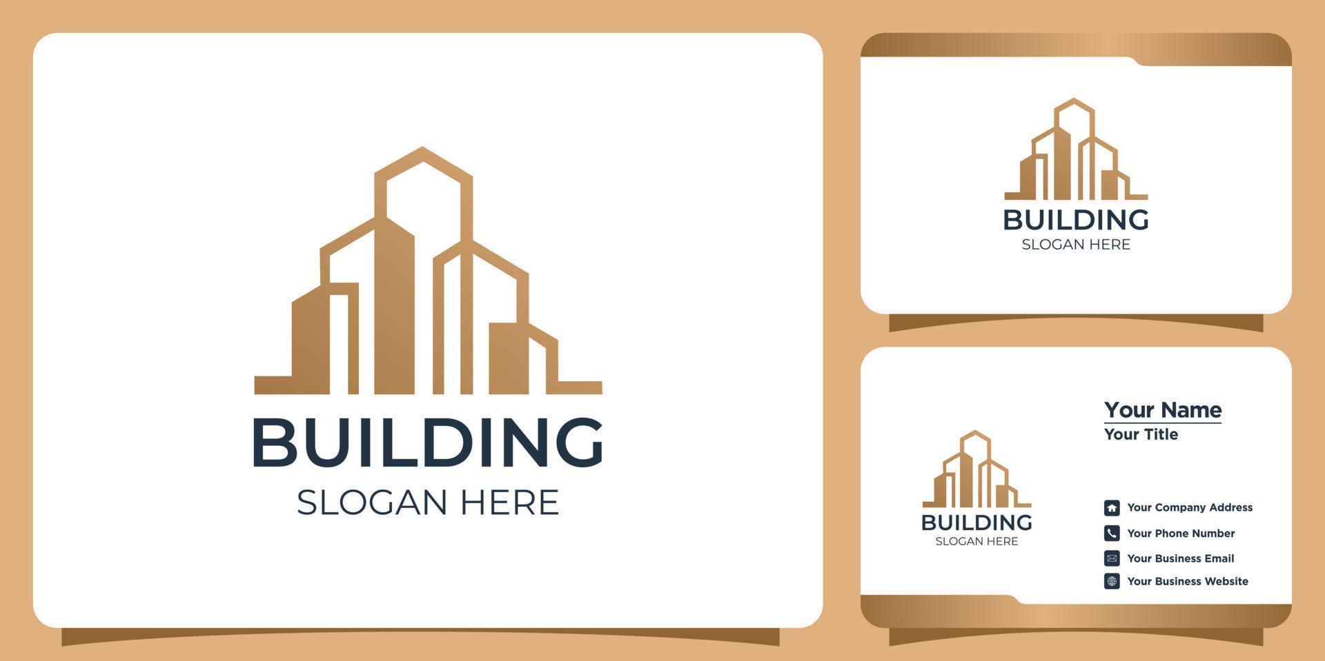 Minimalist building Logo set with line art style logo design and business card template vector