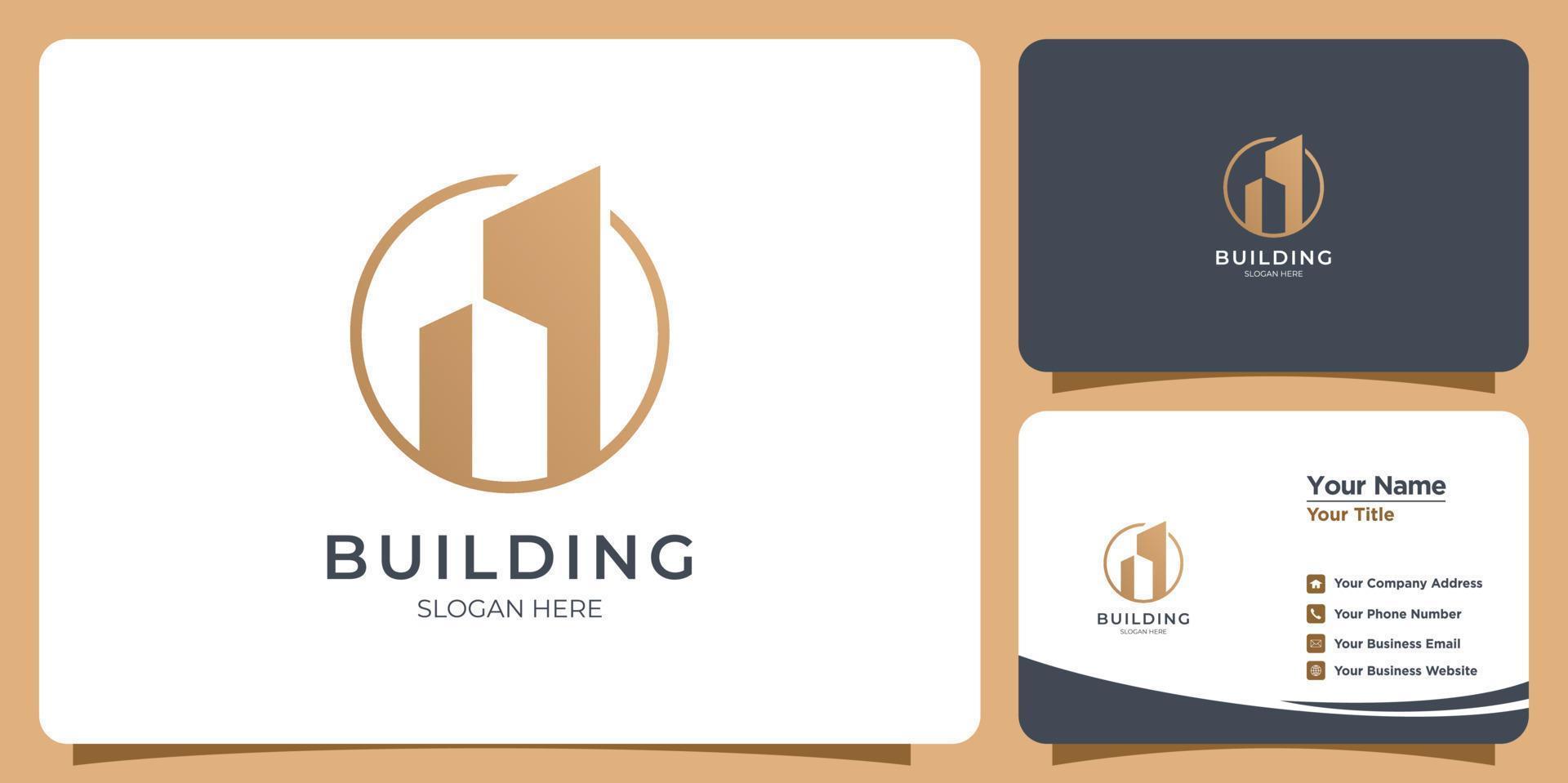 elegante logotipo de construcción de estilo de línea minimalista con marca de tarjeta de visita vector