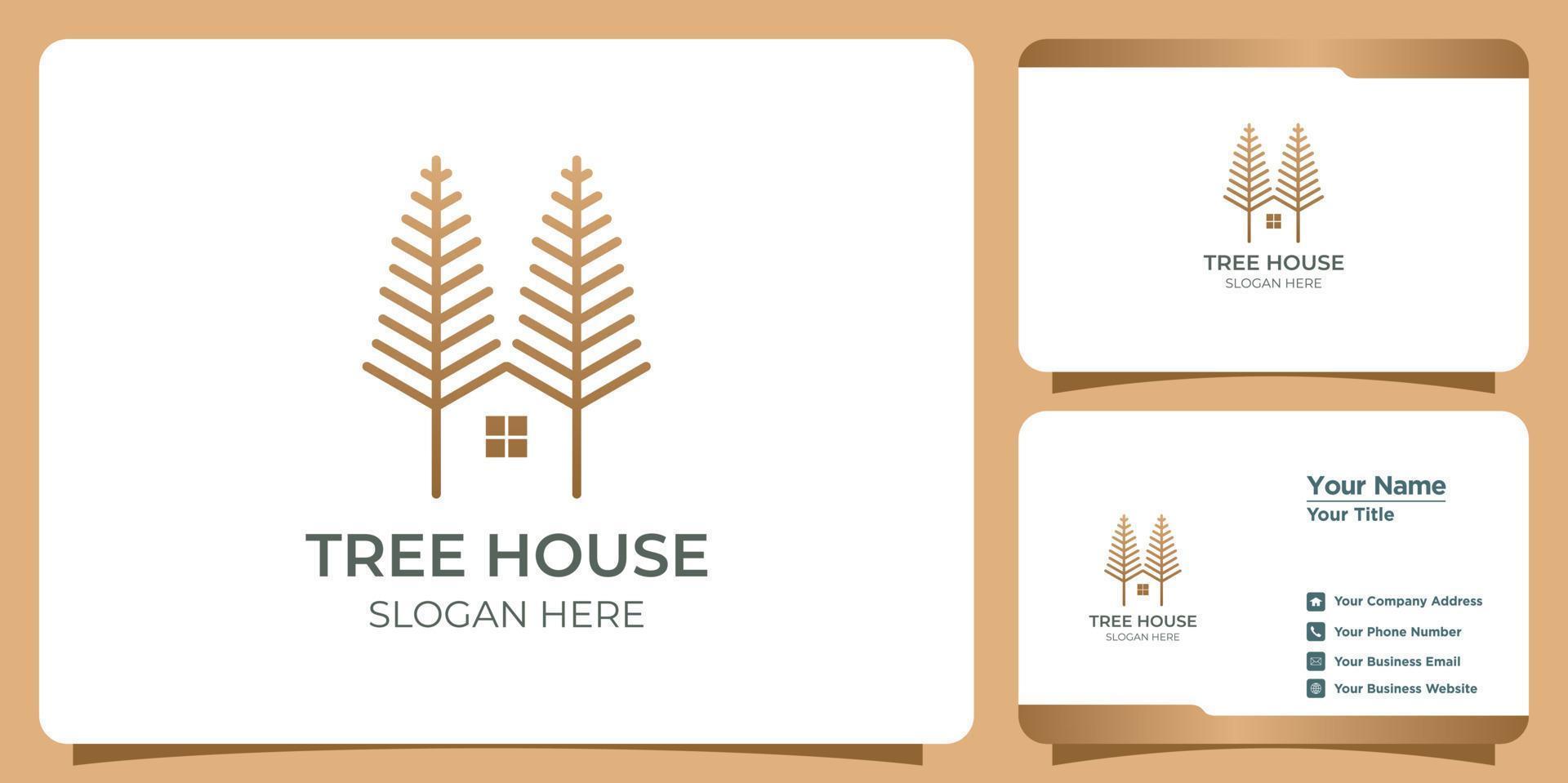 Minimalist tree house logo with line art style logo design and business card template vector