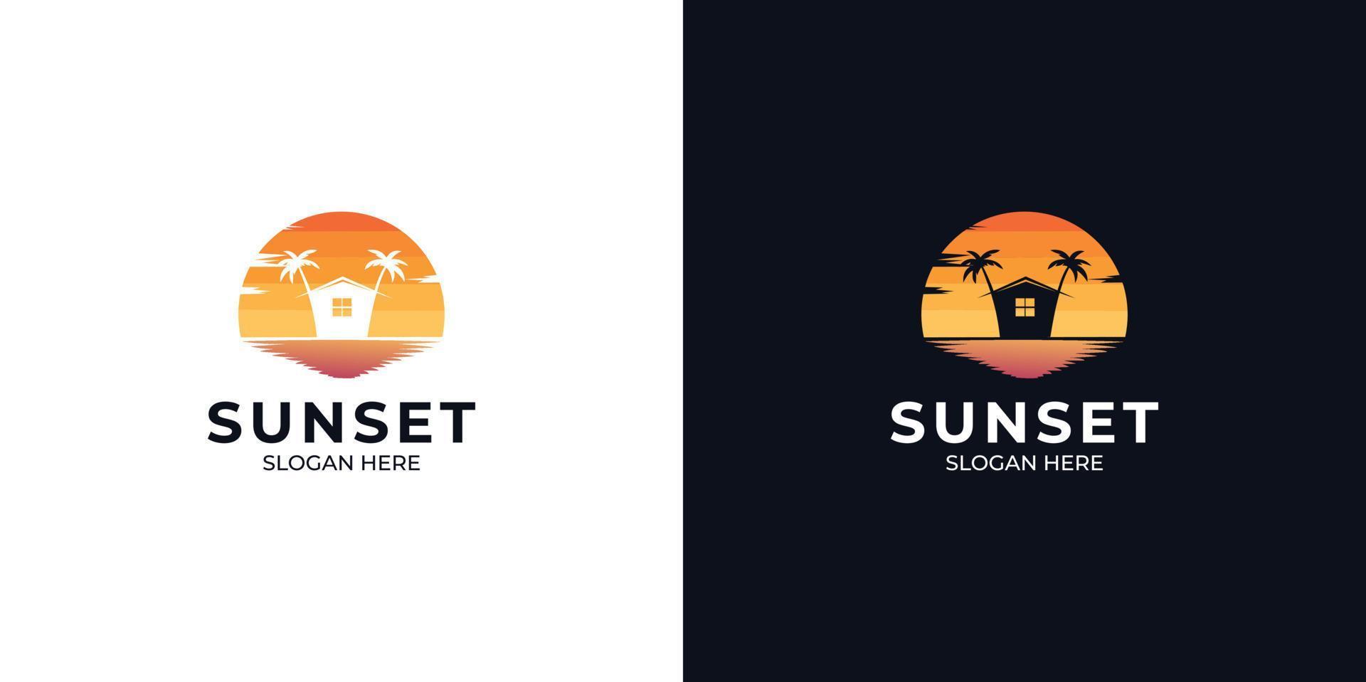 sunset home logo set with silhouette style vector