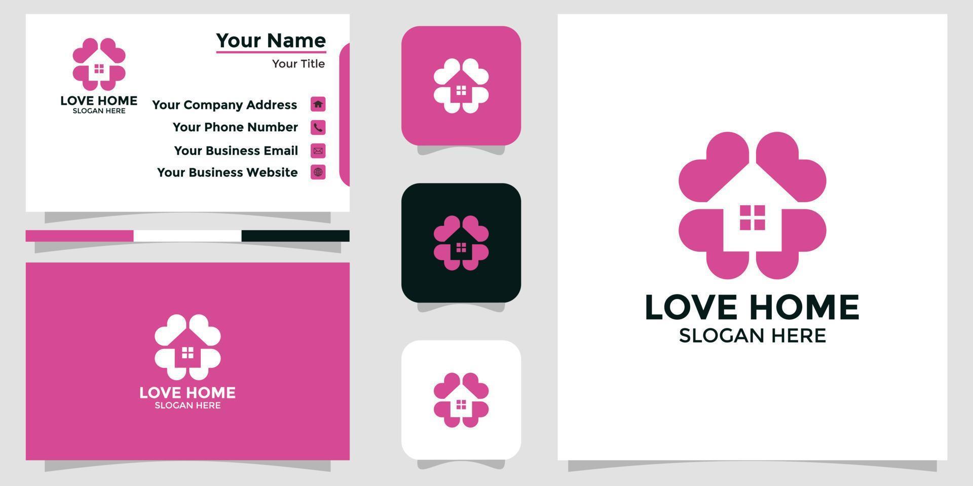 diseño minimalista del logotipo de la casa de amor y plantilla de tarjeta de marca vector