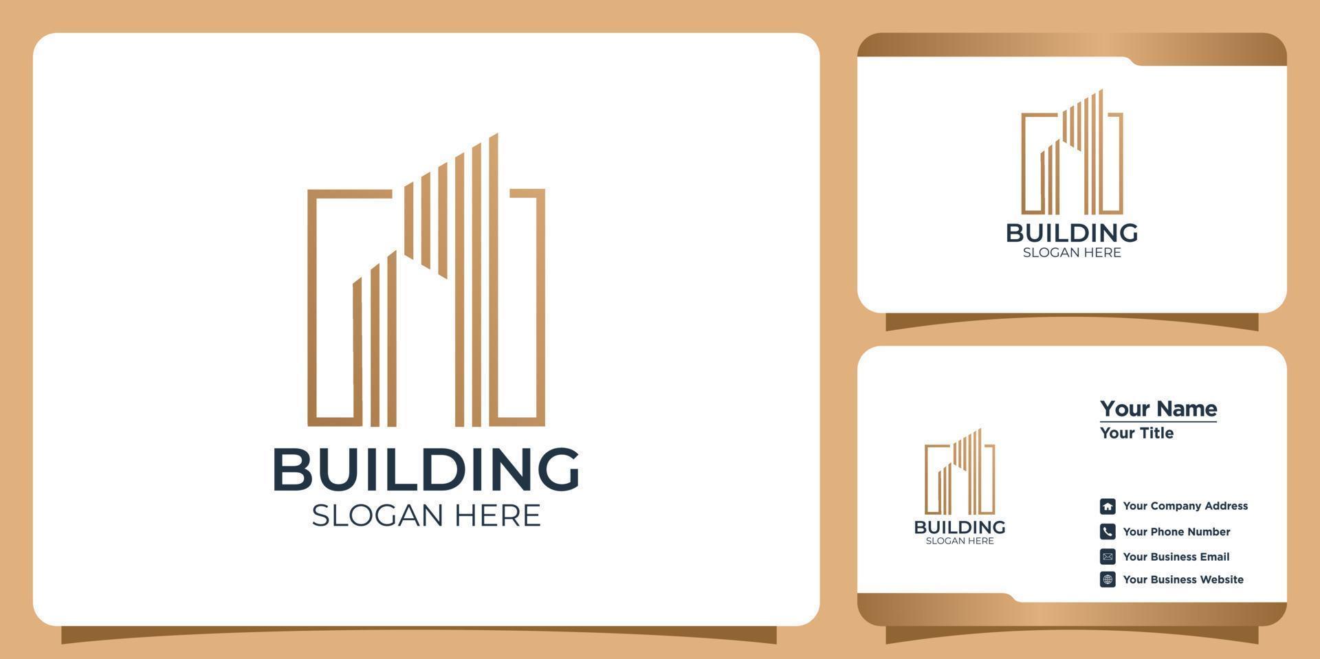 Minimalist building Logo set with line art style logo design and business card template vector