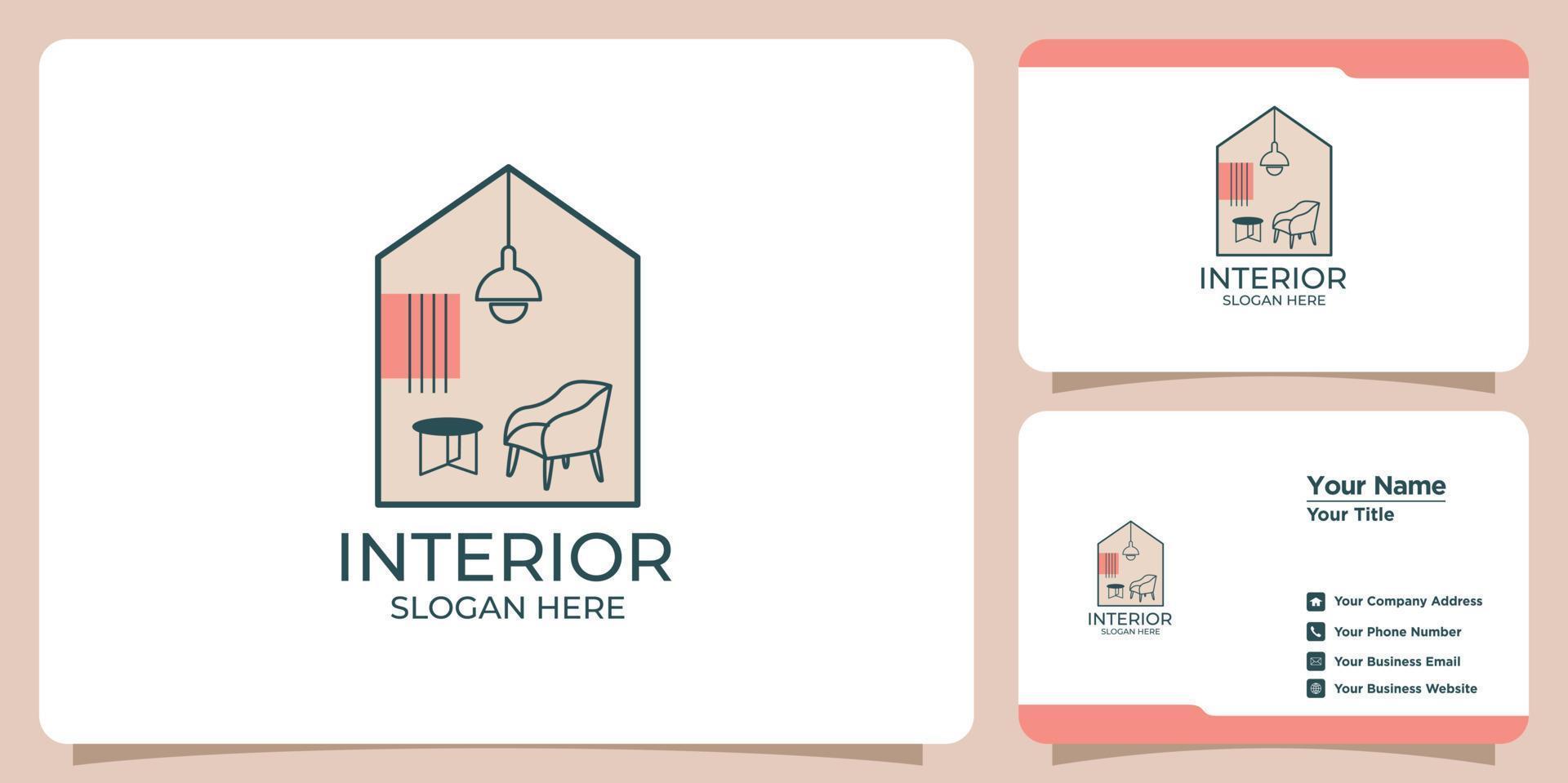 logotipo interior minimalista con diseño de logotipo de estilo de arte lineal y plantilla de tarjeta de visita vector