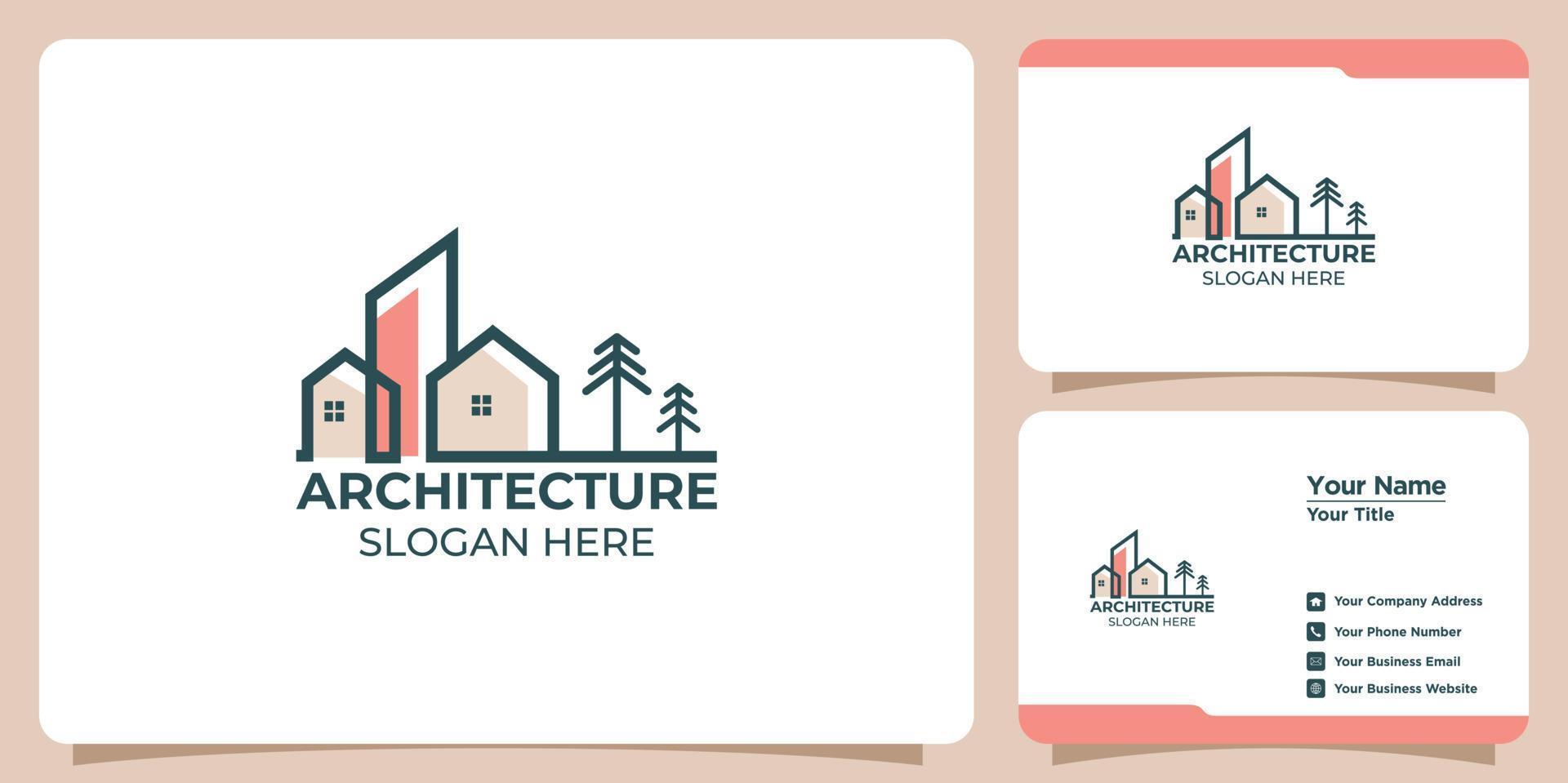 logotipo de arquitectura minimalista con diseño de logotipo de estilo de arte lineal y plantilla de tarjeta de visita vector