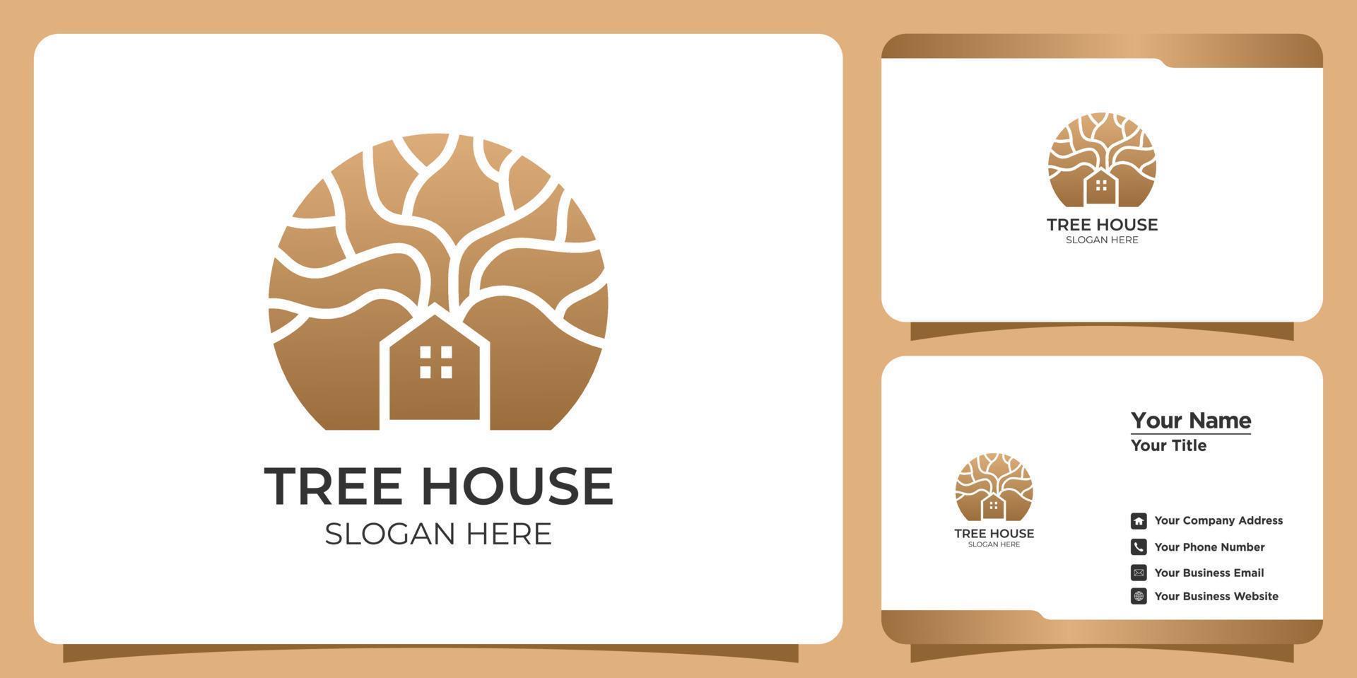 conjunto de logotipos y tarjetas de visita minimalistas de la casa del árbol vector