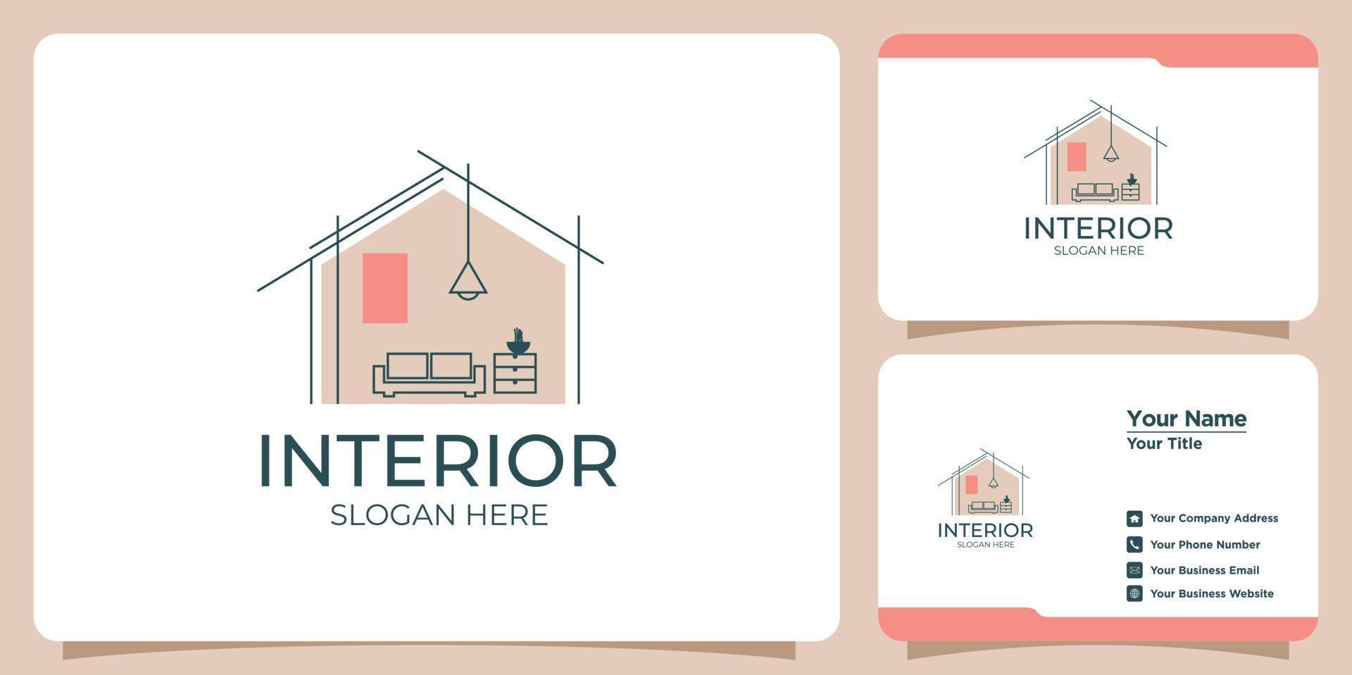 logotipo interior minimalista con diseño de logotipo de estilo de arte lineal y plantilla de tarjeta de visita vector