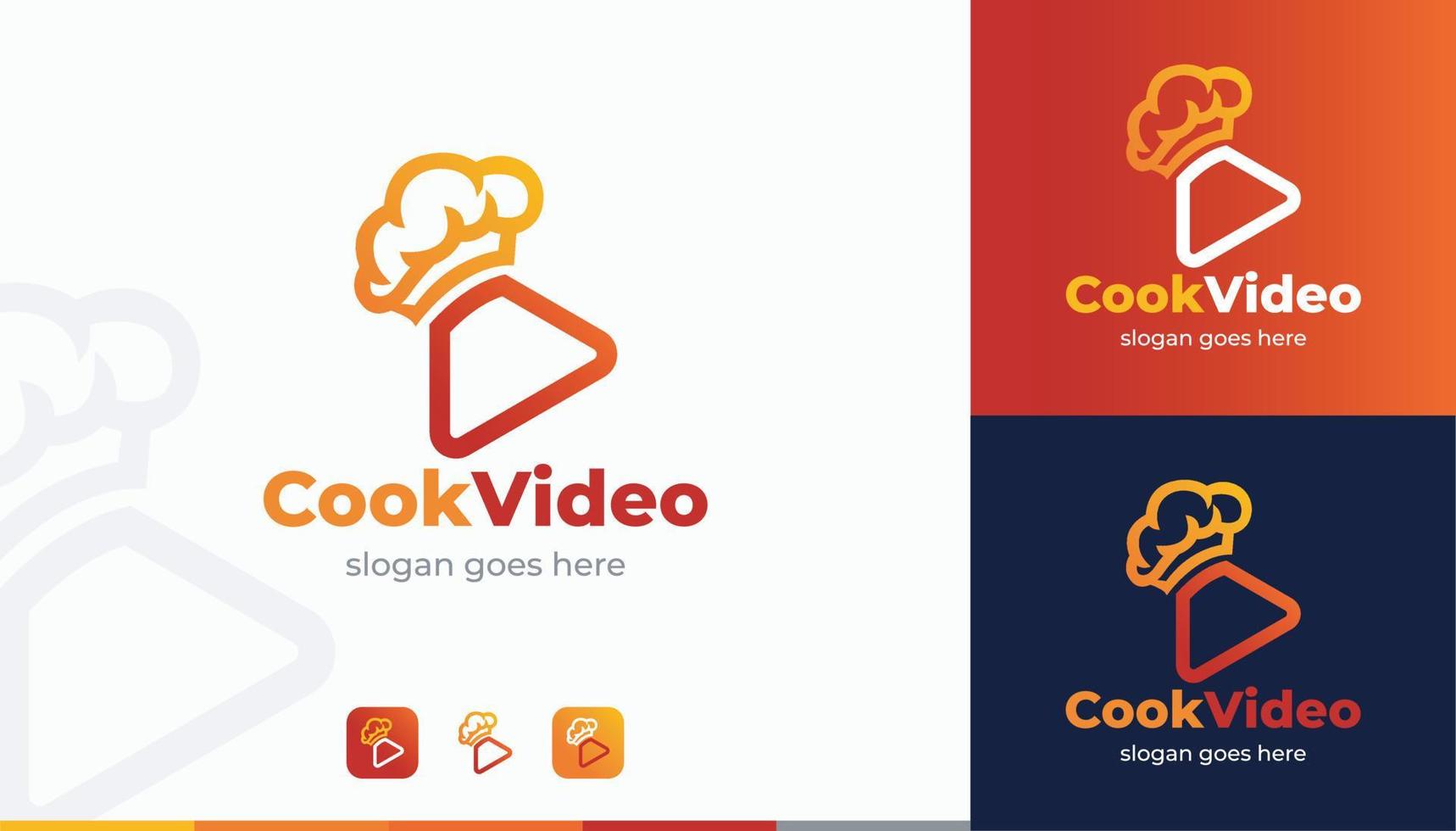 Cooking Video Play Logo Designs Concept With Chef Hat and Play Symbol vector