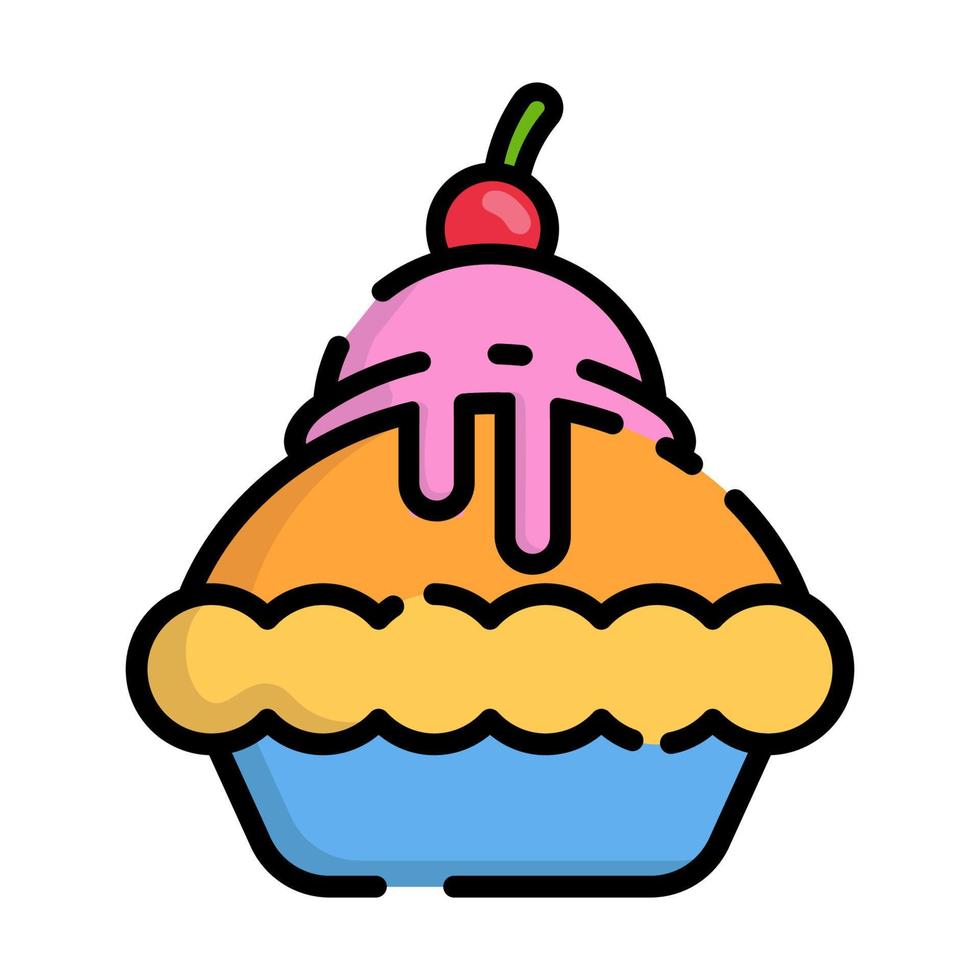 lindo pastel completo con helado de fresa y cereza en la parte superior dibujos animados de diseño plano para camisa, afiche, tarjeta de regalo, portada, logotipo, pegatina e icono. vector