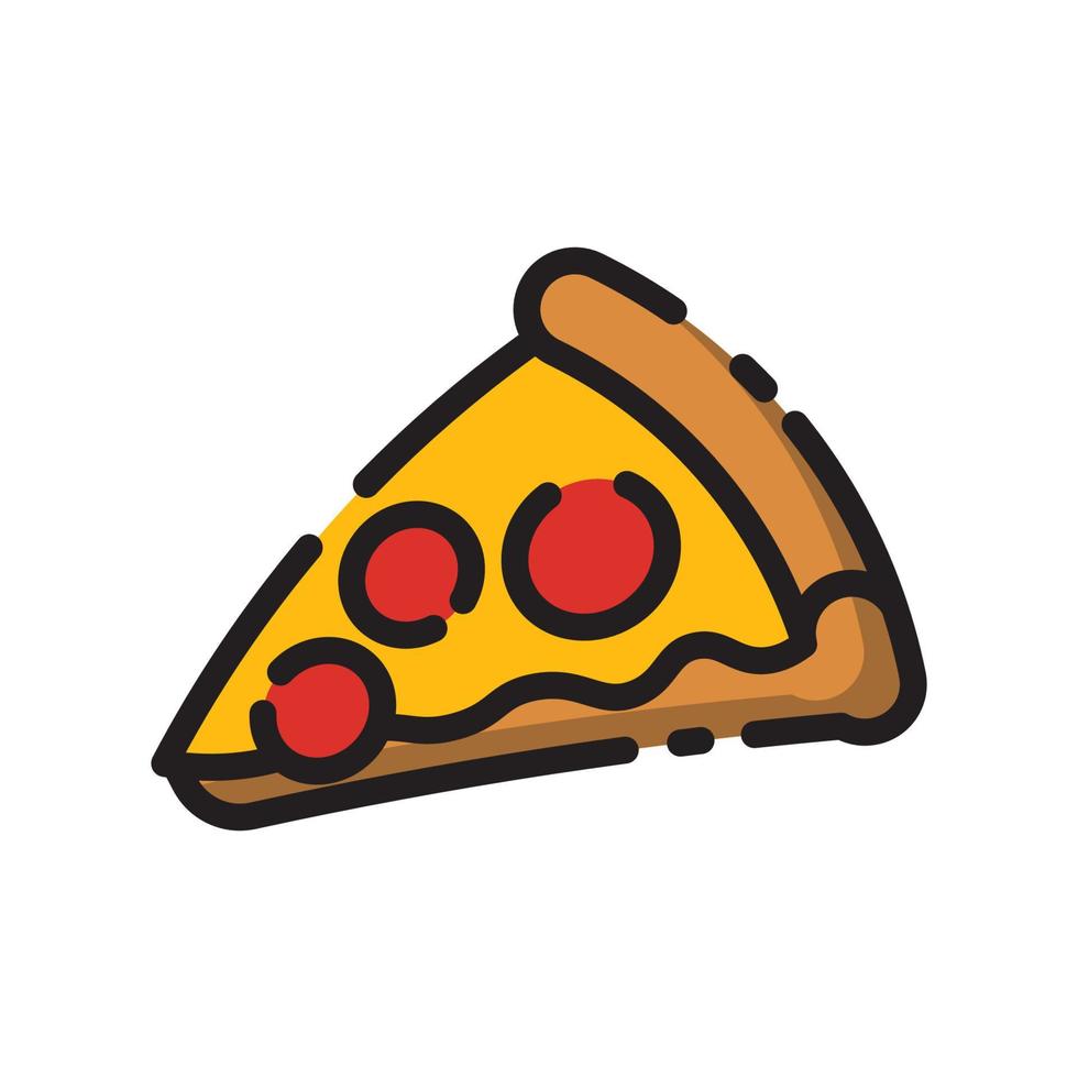 lindo trozo de pizza con dibujos animados de diseño plano de pepperoni rojo para camisa, afiche, tarjeta de regalo, portada, logotipo, pegatina e icono. vector