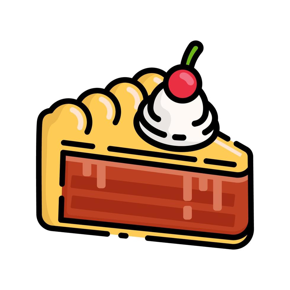 lindo trozo de pastel de chocolate con crema y cereza en la parte superior dibujos animados de diseño plano para camisa, afiche, tarjeta de regalo, portada, logotipo, pegatina e icono. vector