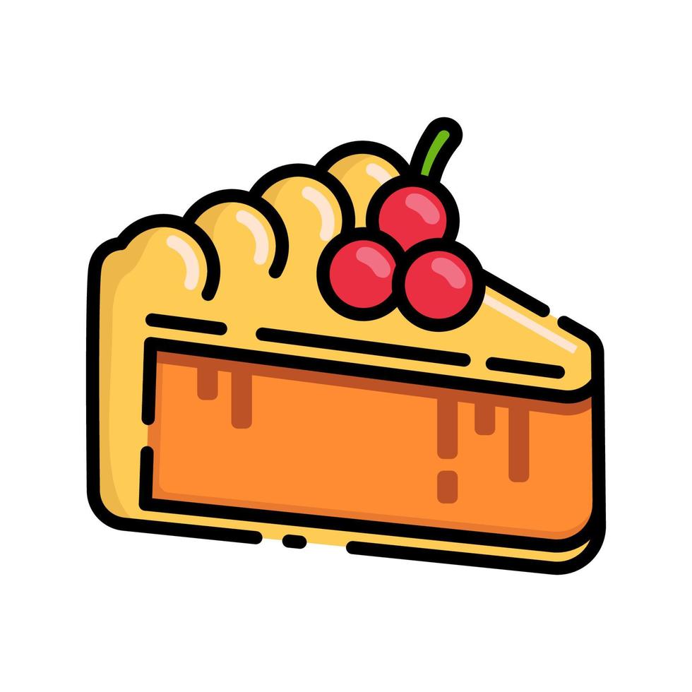 lindo trozo de tarta de manzana con crema y cereza en la parte superior dibujos animados de diseño plano para camisa, afiche, tarjeta de regalo, portada, logotipo, pegatina e icono. vector