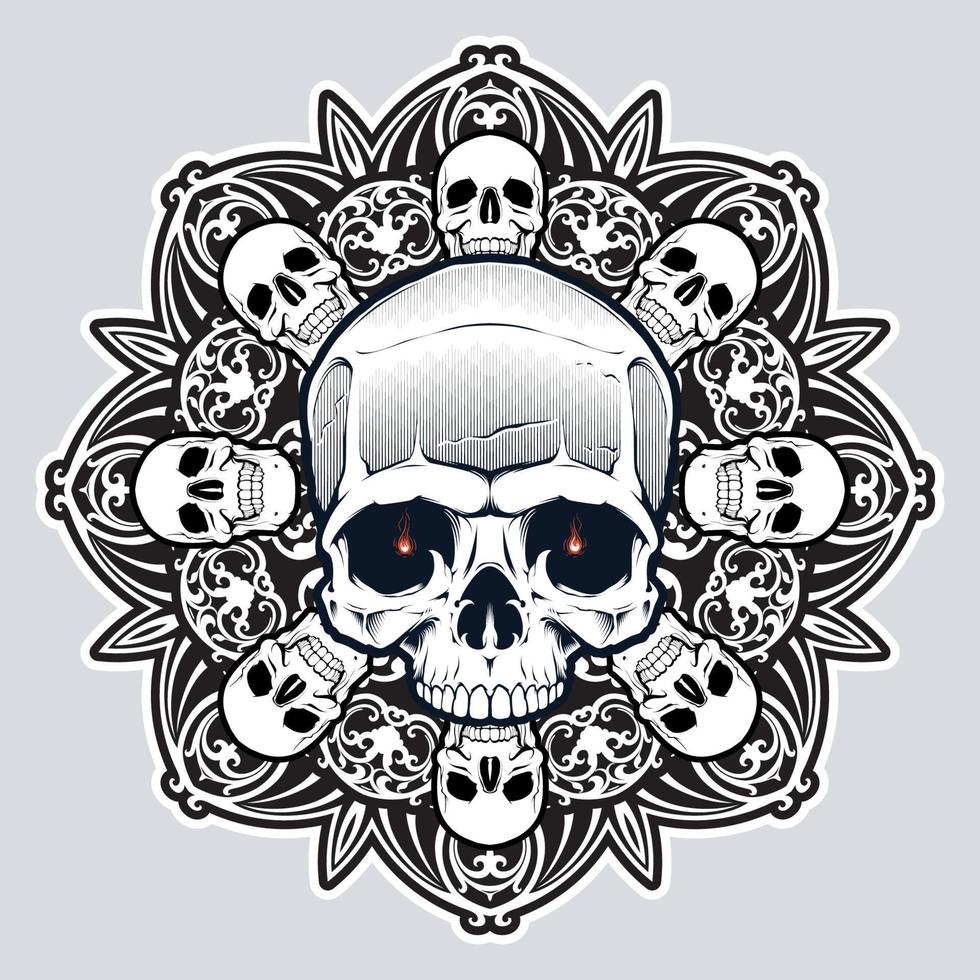 cráneo humano sobre mandala. diseño de carne de tatuaje. estampado boho, afiche, textil de camiseta. ilustración vectorial aislada. vector