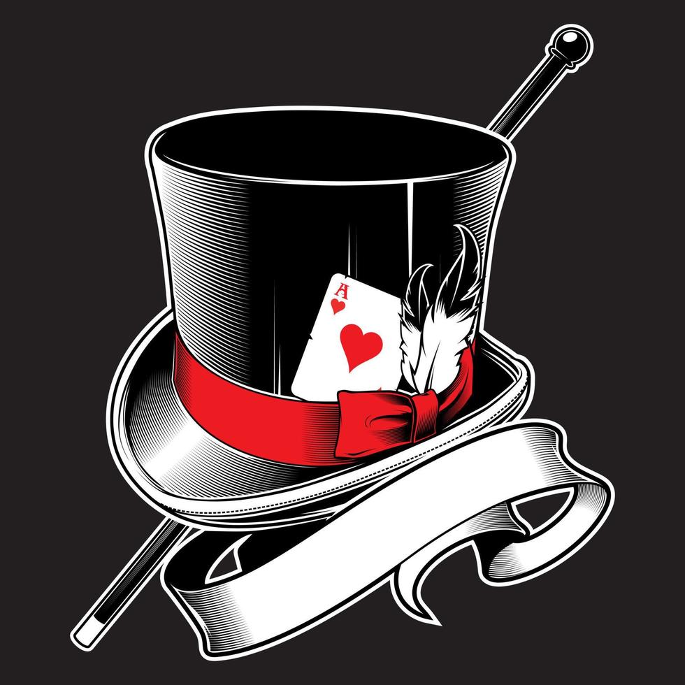 magician hat with cane, ace of hearts and ribbon vector