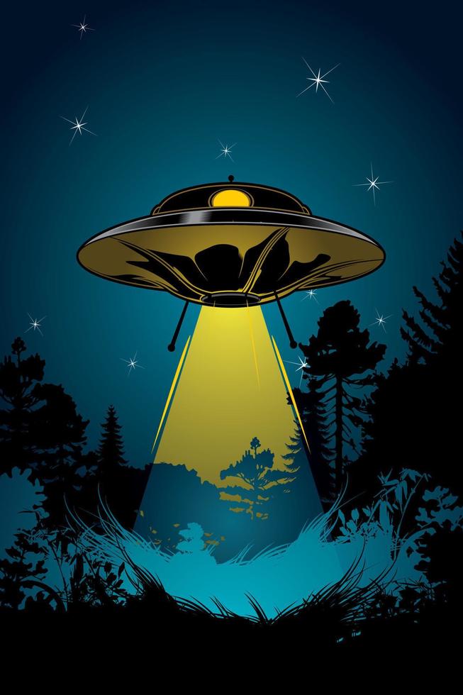 Background with flying UFO, star sky and black forest. vector