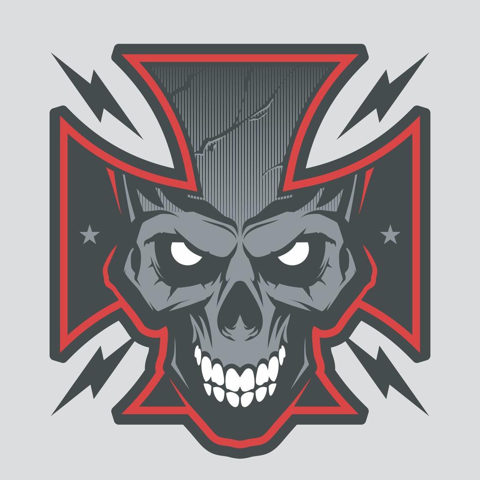 Vector illustration with Iron cross with a skull. Biker symbol. Motorcycle club T shirt graphics concept.