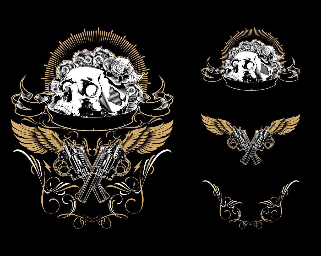 Skull with guns and roses. Design element vector