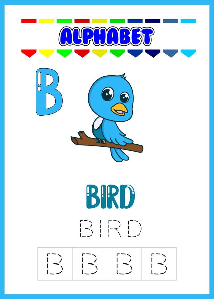 Alphabet tracing worksheet with letter, cute bird vector