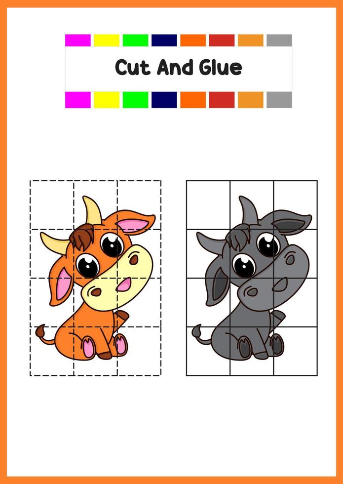 education game cut and glue, cute bull vector