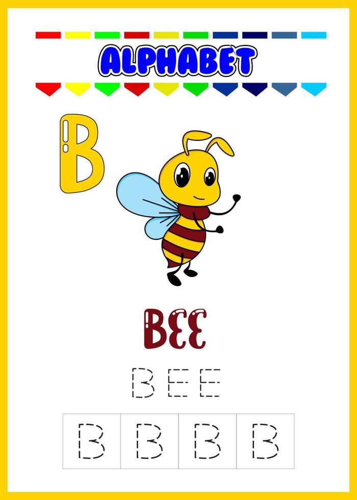 Alphabet tracing worksheet with letter, cute bee vector