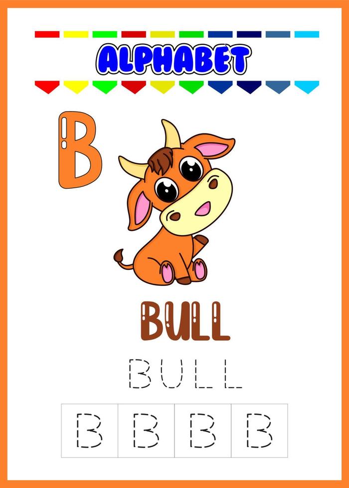 Alphabet tracing worksheet with letter, cute bull vector