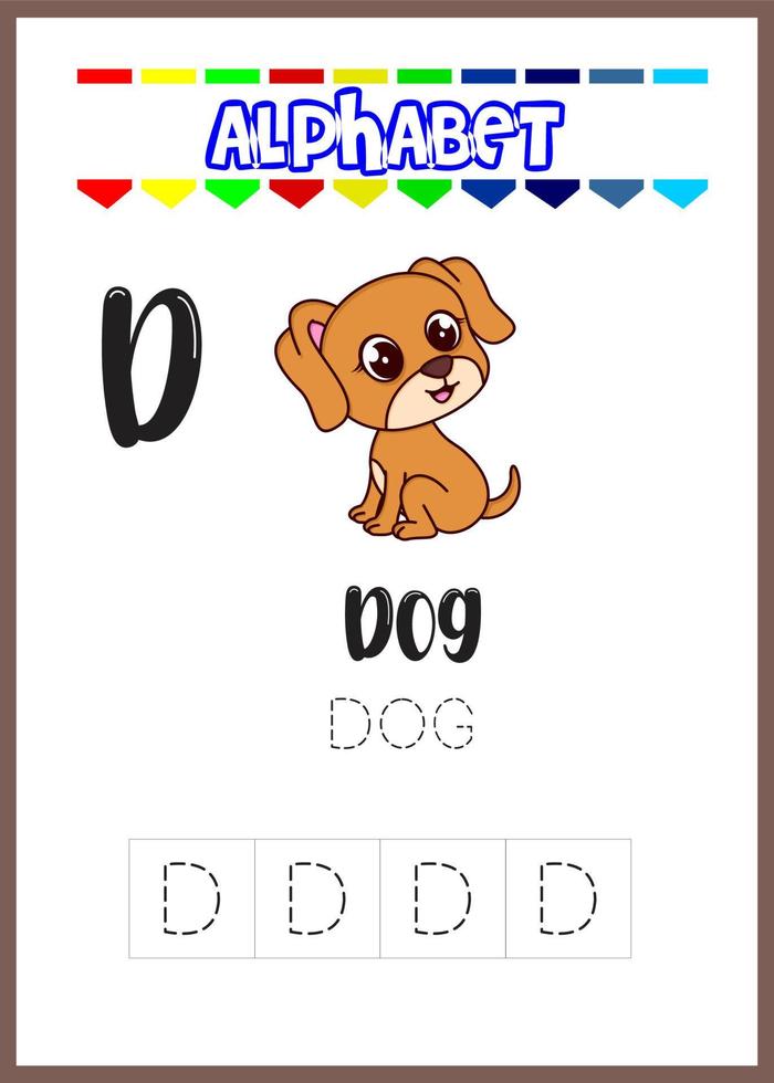 alphabet letter d for dog page, cute dog vector