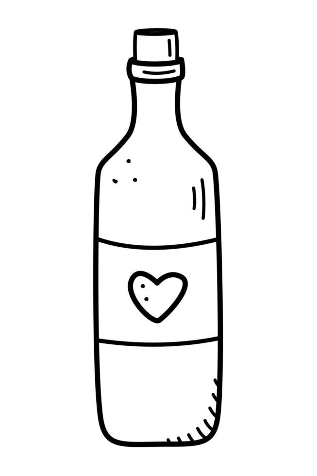 una botella de vino con un corazón en la etiqueta. Ilustración de vector de fideos, icono de etiqueta de vacaciones de San Valentín.