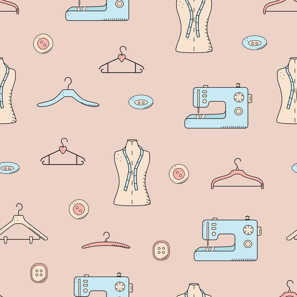 Seamless pattern tools for sewing and needlework. Doodle icon set tailoring, vector illustration