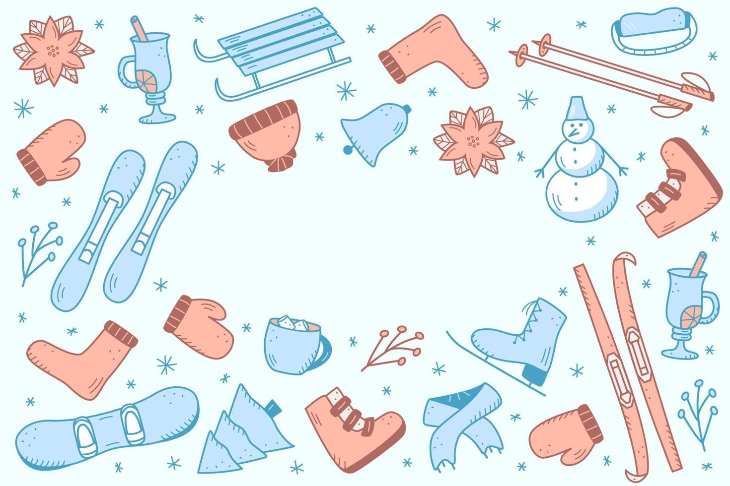 New Year and Christmas elements in the doodle style. Vector illustration of winter clothing, sports equipment, spruce, food and drinks. Winter vacation icons