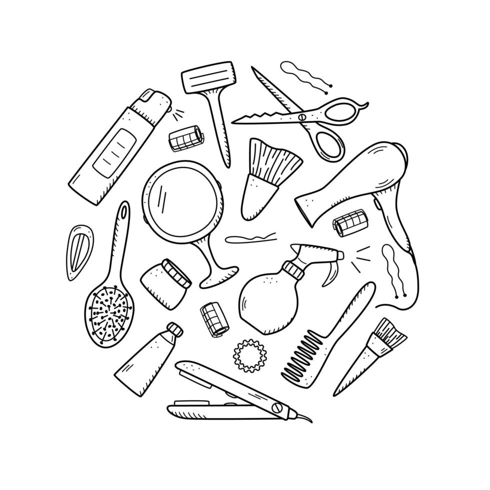 kit de herramientas de peluquería para salón de belleza o uso doméstico. ilustración vectorial de iconos de garabatos para el cuidado personal y del cabello. peine, maquinilla de afeitar, secador de pelo, rizador y otros artículos vector