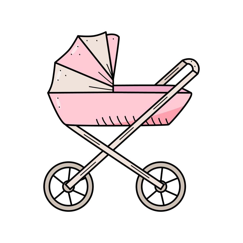 Baby stroller for walking cartoon doodle style. Vector illustration cradle newborn.