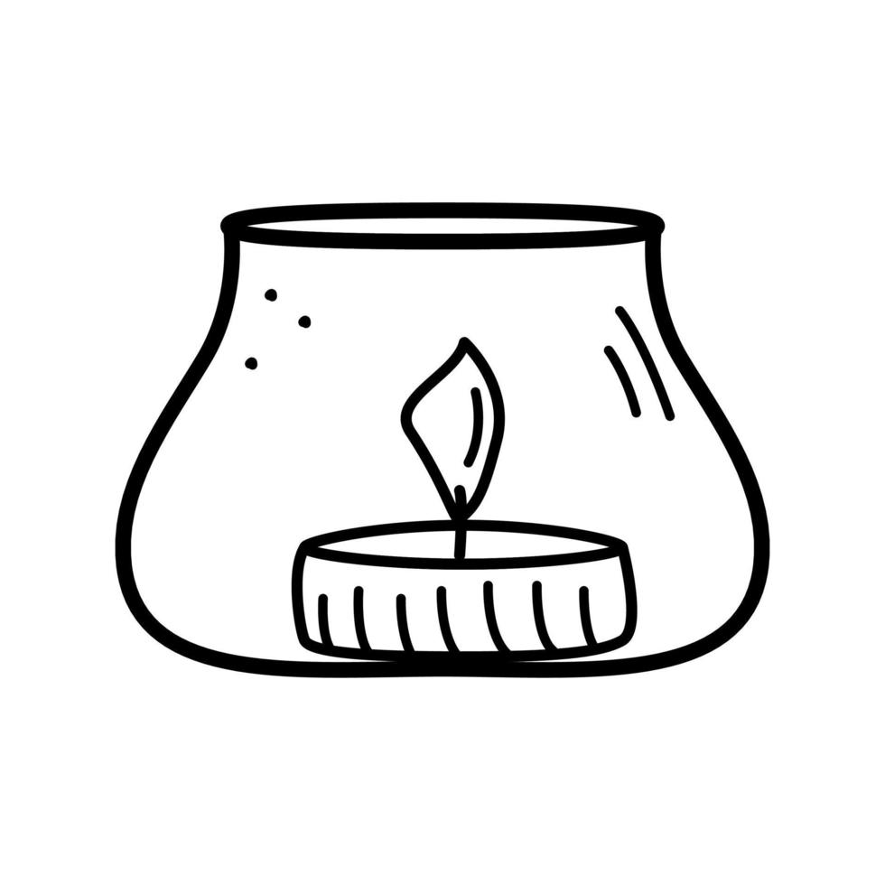Burning candle in the candlestick icon, vector doodle illustration of a wax candle with a wick.