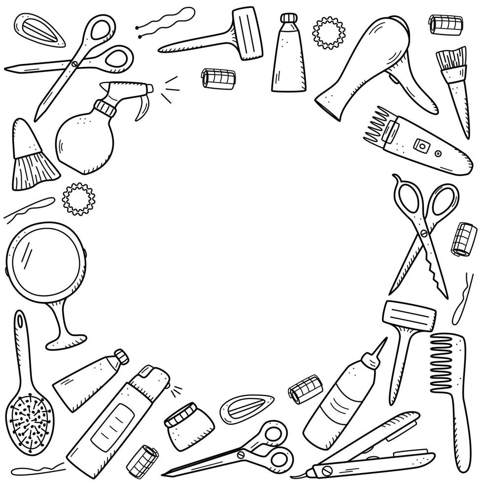 marco de un conjunto de herramientas de peluquería, tijeras de garabato de ilustración vectorial, maquinilla de afeitar, secador de pelo, plancha rizadora, rizador, peine, cepillo, crema vector