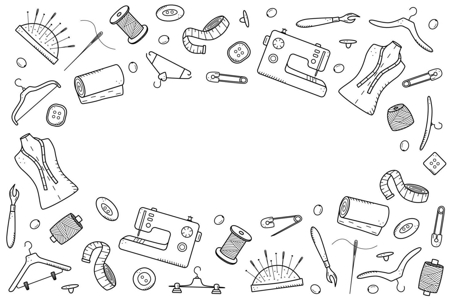 Tools for sewing and needlework. Doodle icon set tailoring, vector illustration thread needles mannequin sewing machine hangers buttons