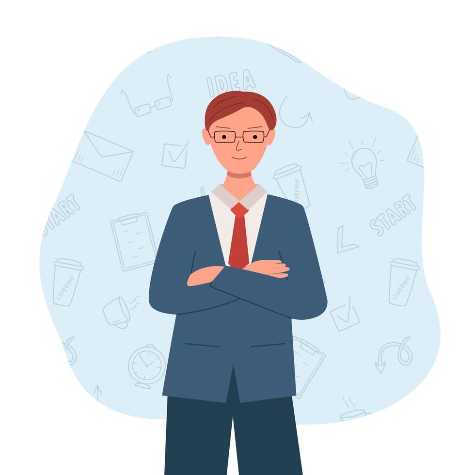 A businessman in a suit with folded hands. Vector illustration of an office worker