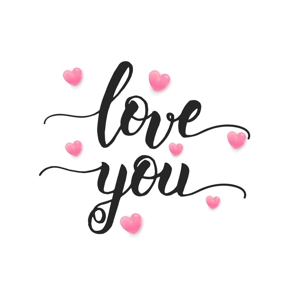 Valentine's day background with hand made lettering and 3d hearts on white. Happy Valentine's Day - handwritten lettering quote vector