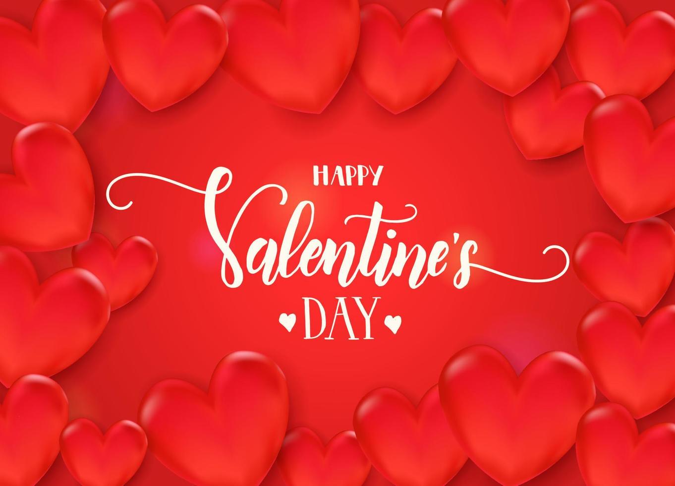Valentines day background with 3d red hearts on red background. Happy Valentines Day - Lettering calligraphy phrase. vector