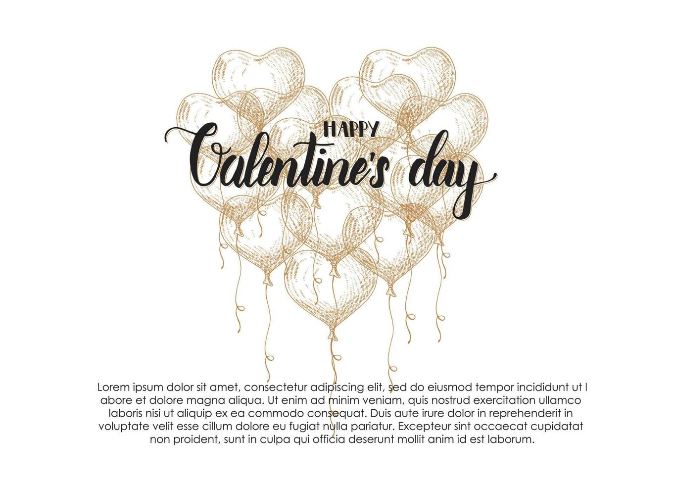 Valentines Day background with doodle hand drawn ballons in sketch style. Happy Valentines Day - Lettering calligraphy phrase vector