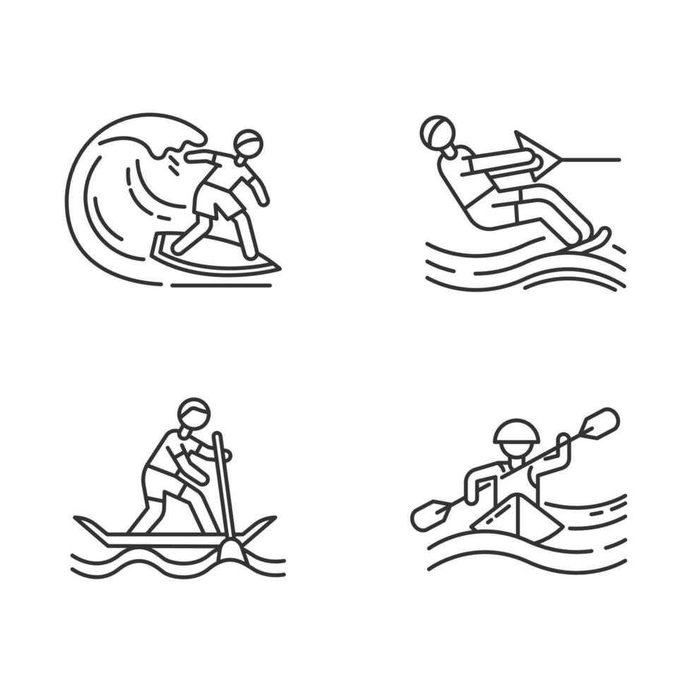 Watersports linear icons set. Surfing, water skiing, rafting and sup boarding. Extreme kinds of sports.Thin line contour symbols. Isolated vector outline illustrations. Editable stroke
