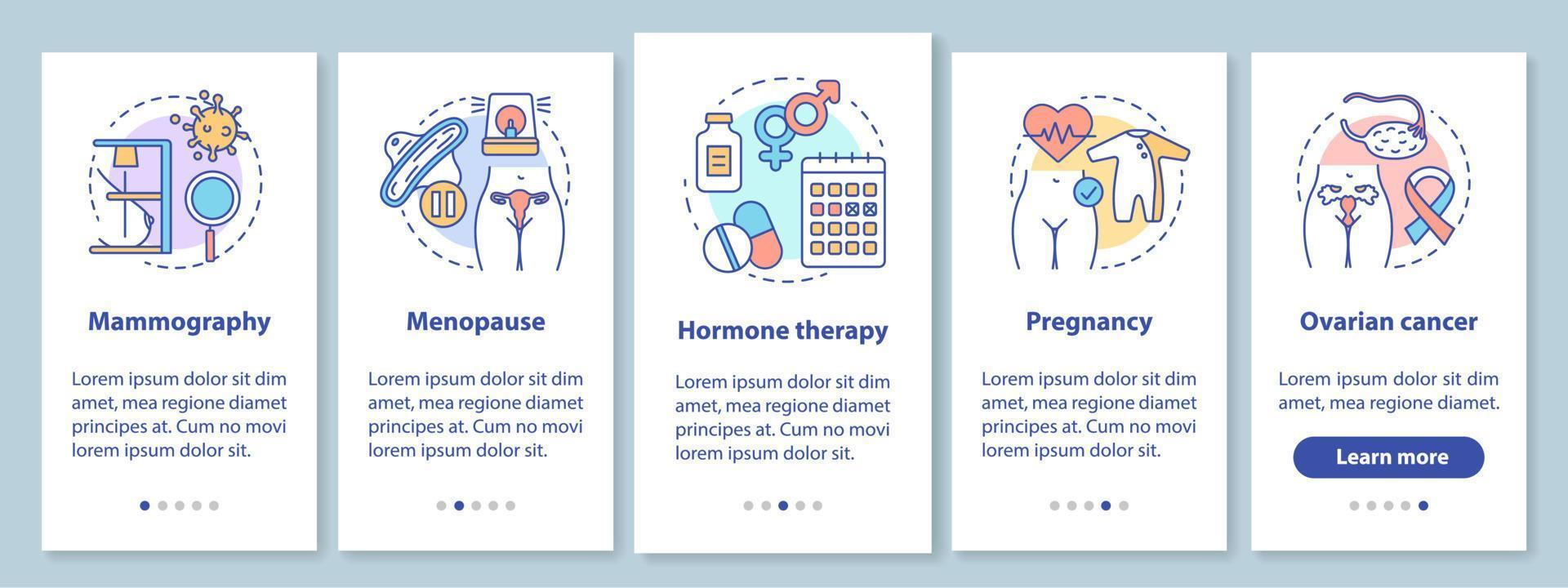 pantalla de la página de la aplicación móvil de incorporación de atención médica para mujeres con conceptos lineales. embarazo, cáncer de ovario, menopausia. tutorial paso a paso instrucciones gráficas. ux, ui, plantilla vectorial gui con ilustraciones vector