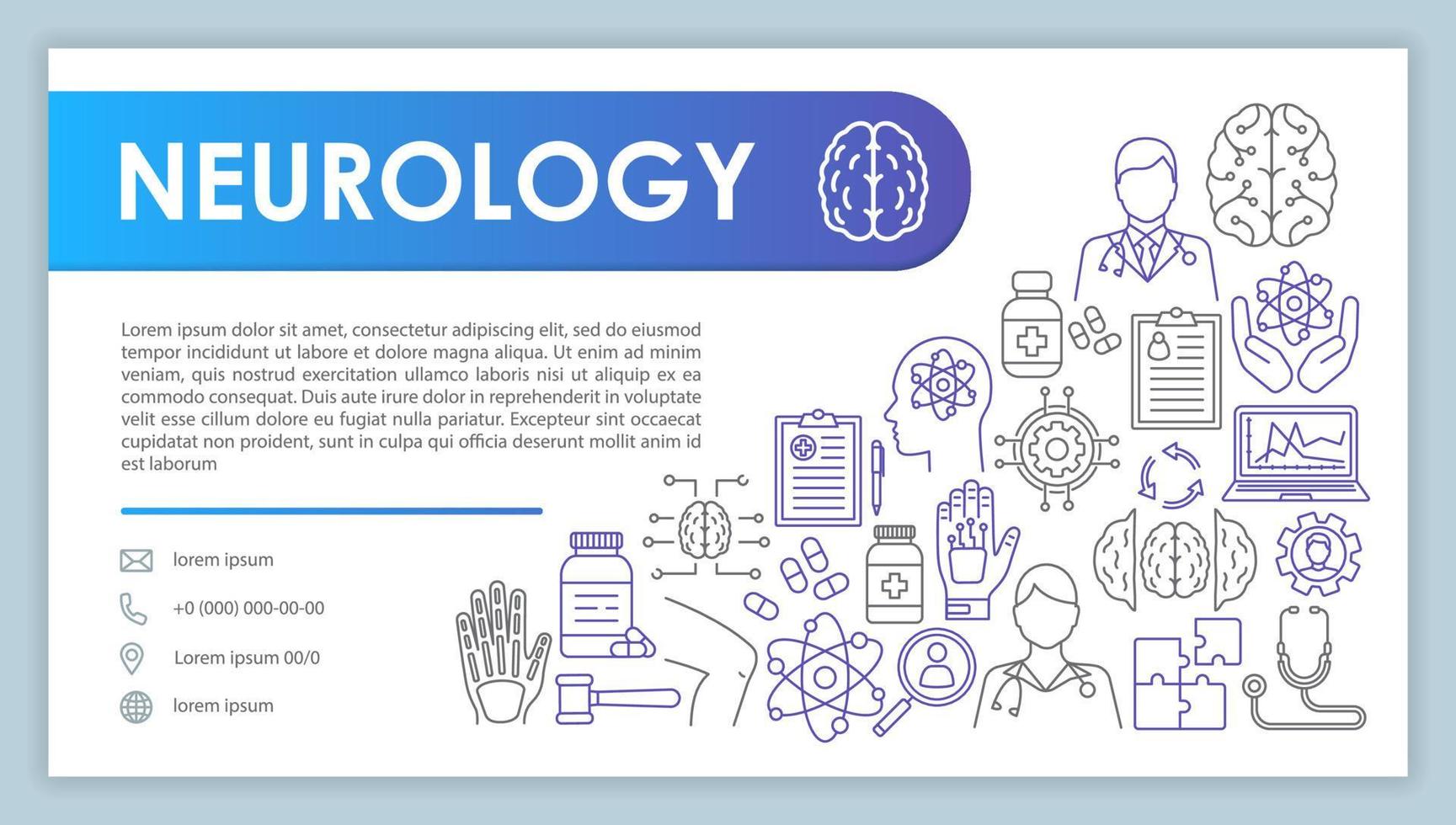 banner web de neurología, plantilla de vector de tarjeta de visita. página de contacto de la empresa médica con teléfono, iconos lineales de correo electrónico. presentación de investigación de estudio cerebral, idea de página web. diseño de diseño de impresión corporativa