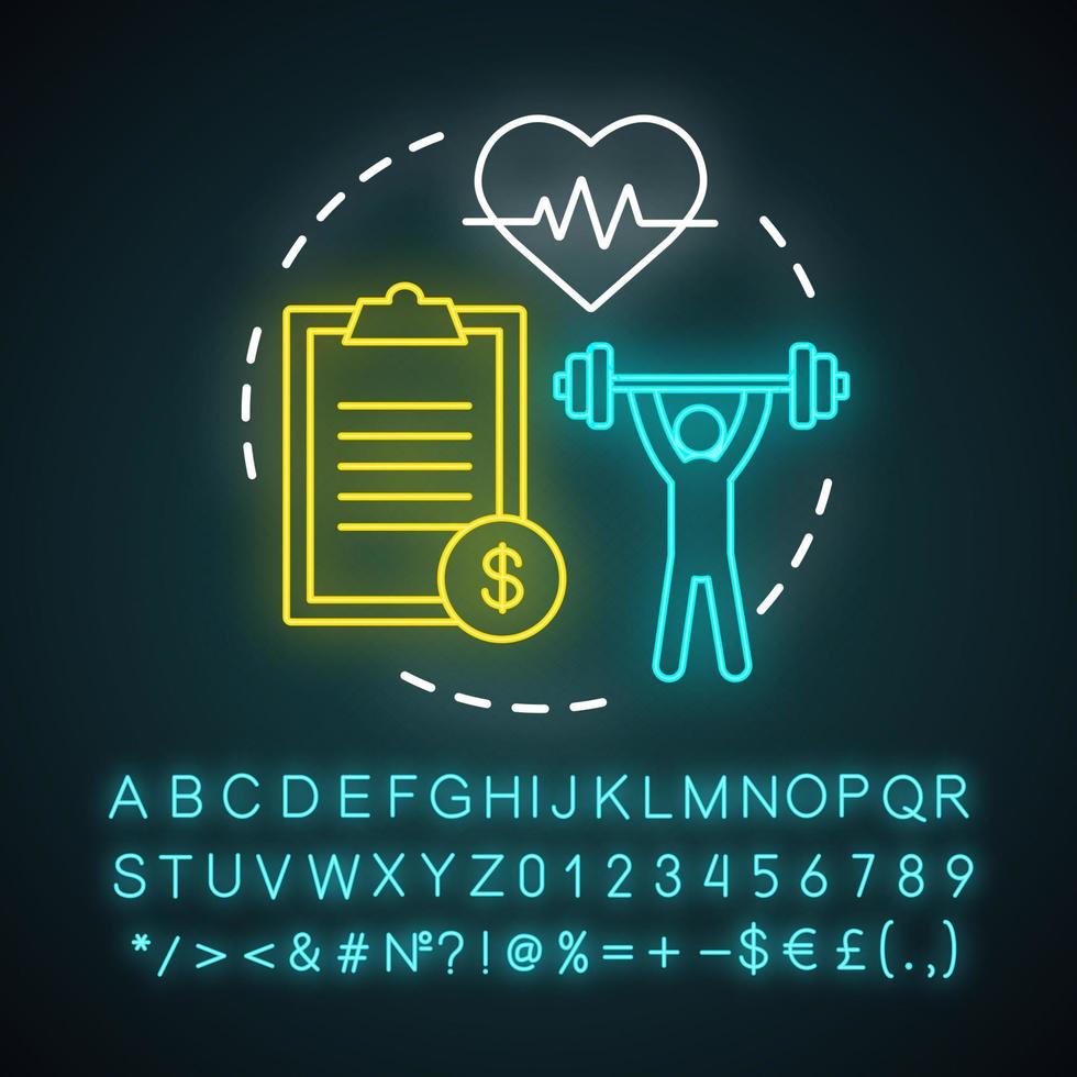 Fitness instructor neon light icon. Gym coach, trainer, sportsman. Fitness exercises. Workout training and exercising. Glowing sign with alphabet, numbers and symbols. Vector isolated illustration