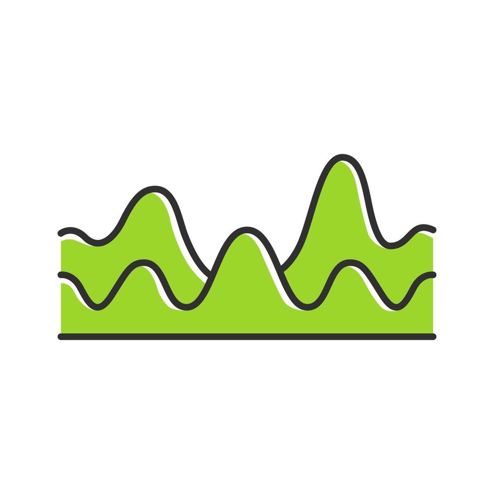 Green overlapping waves color icon. Sound wave with flowing, fluid effect. Digital soundwave, audio waveform, audio rhythm. Music, stereo frequency. Isolated vector illustration