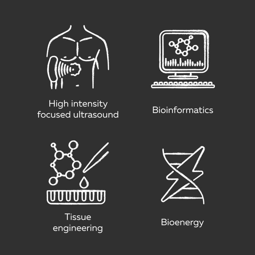 conjunto de iconos de tiza de biotecnología. bioingeniería hifu, bioinformática, ingeniería de tejidos, bioenergía. tecnologías para el estudio y el tratamiento. Ilustraciones de vector pizarra