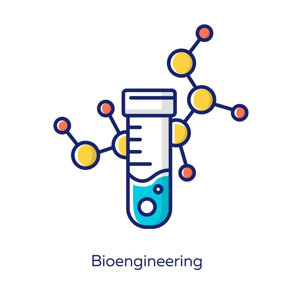 Bioengineering white color icon. Biological engineering. Scientific medical research. Test tube and molecule. Biochemistry, biotechnology. Laboratory equipment. Isolated vector illustration